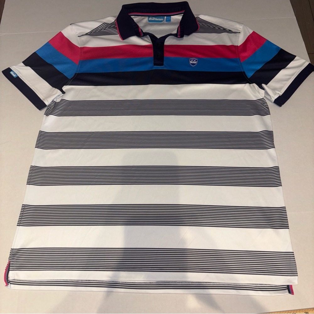 Vibrant Striped Polo Shirt in Pink, Blue, and Black
